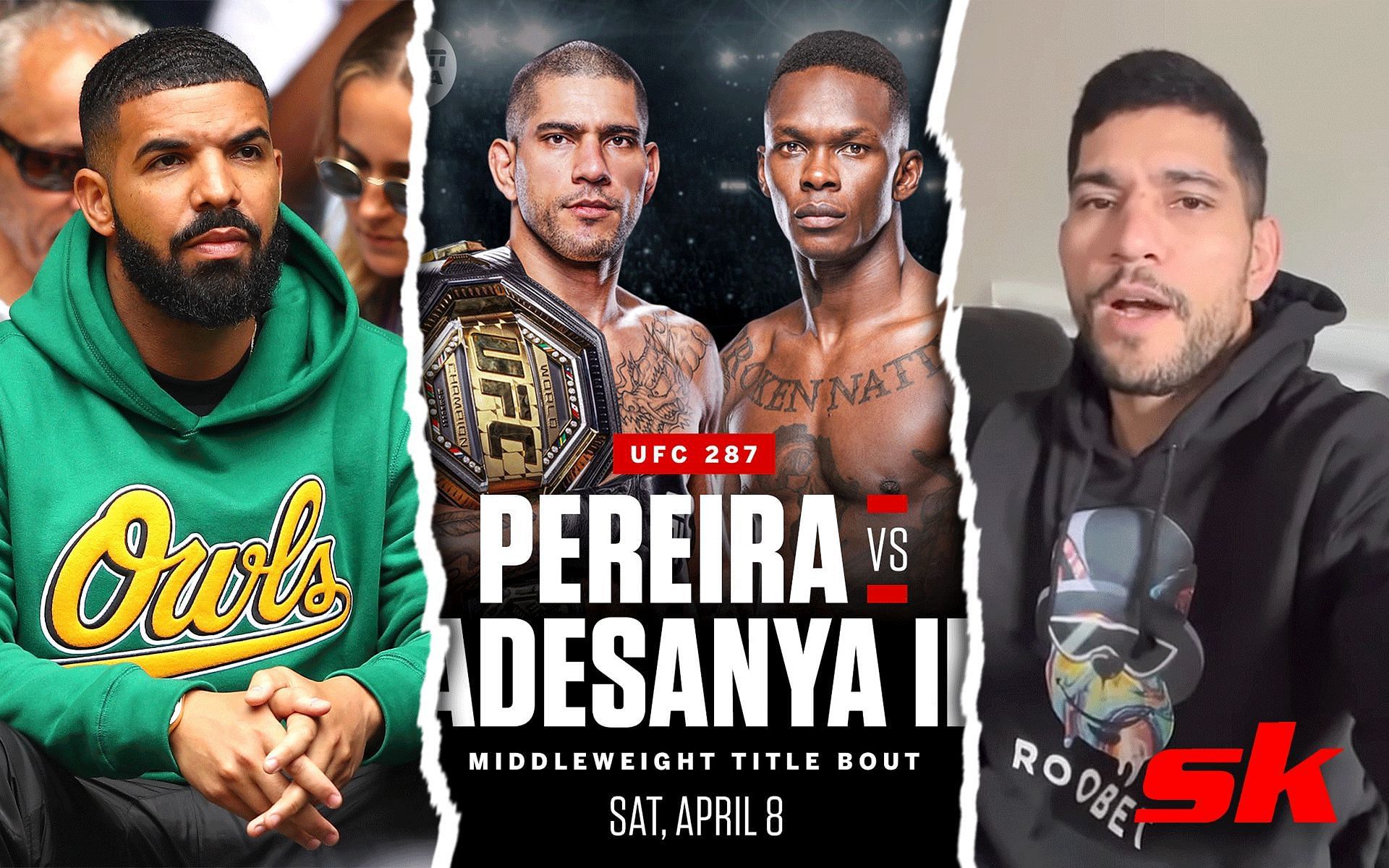 From the left-  Drake, UFC 287 poster, Alex Pereira [Image credits: @alexpoatanpereira on Instagram, Getty Images and @espnmma on Twitter]