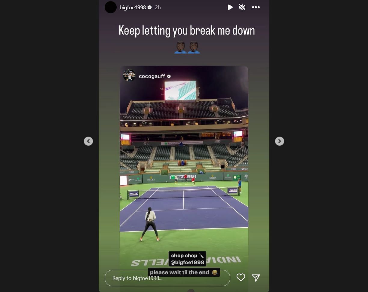 Tiafoe reacts to a rally against Gauff (via Instagram).