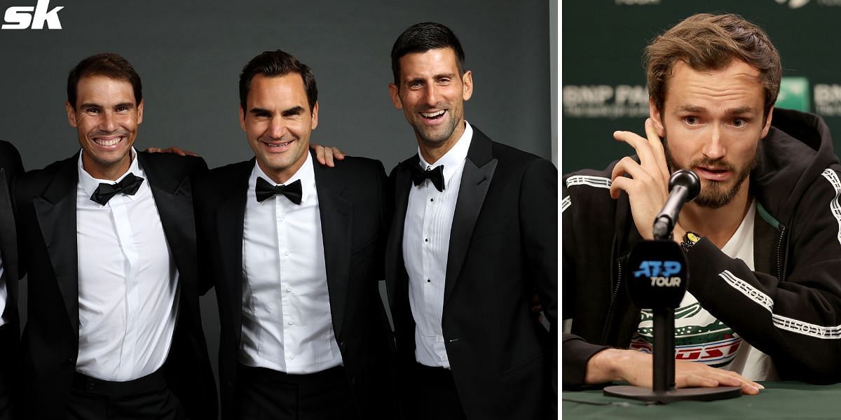 Rafael Nadal, Roger Federer, Novak Djokovic (L), Daniil Medvedev (R)