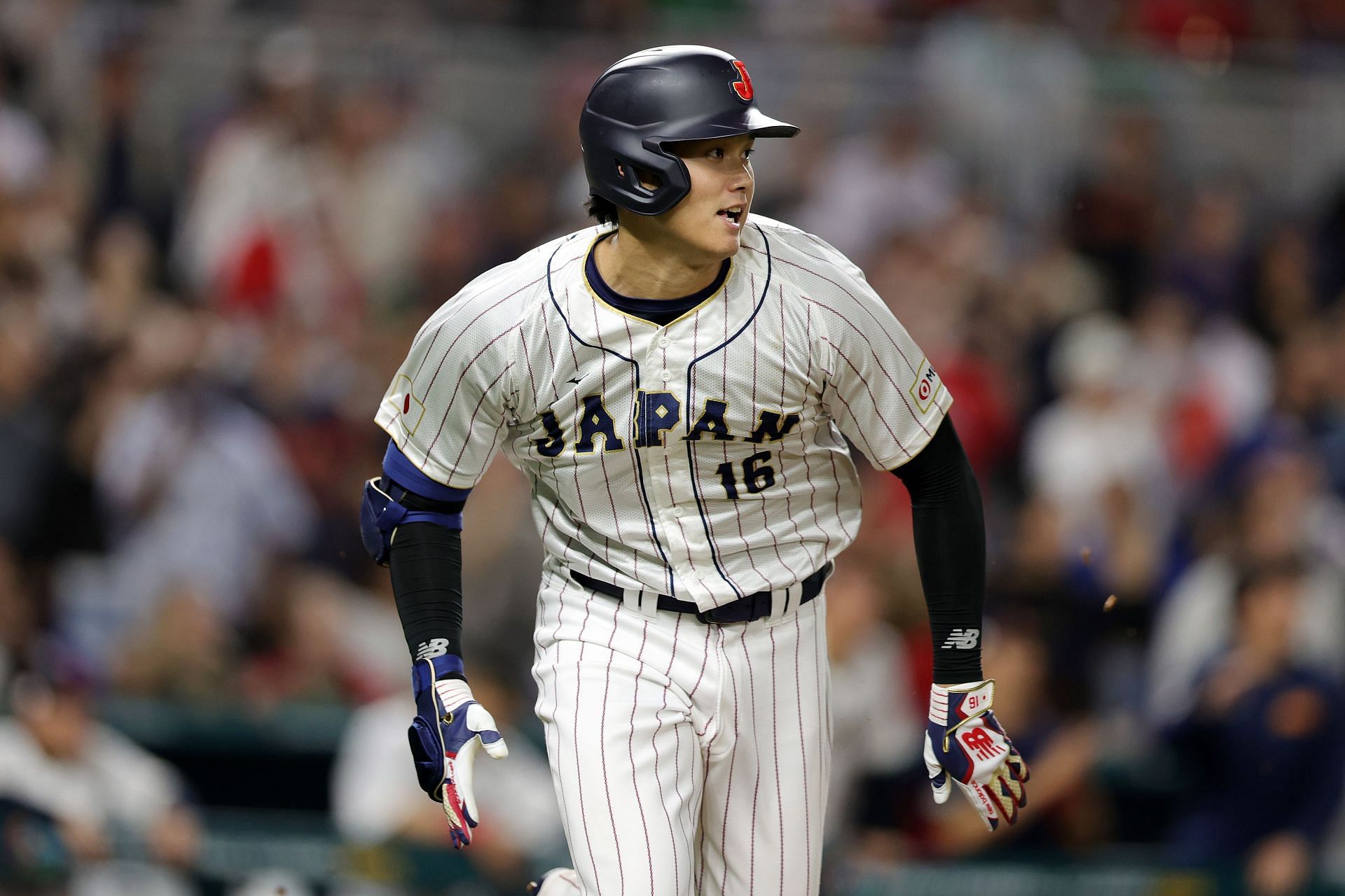 World Baseball Classic Semifinals: Shohei Ohtani #16 hits a double in the ninth inning against Team Mexico during the World Baseball Classic Semifinals