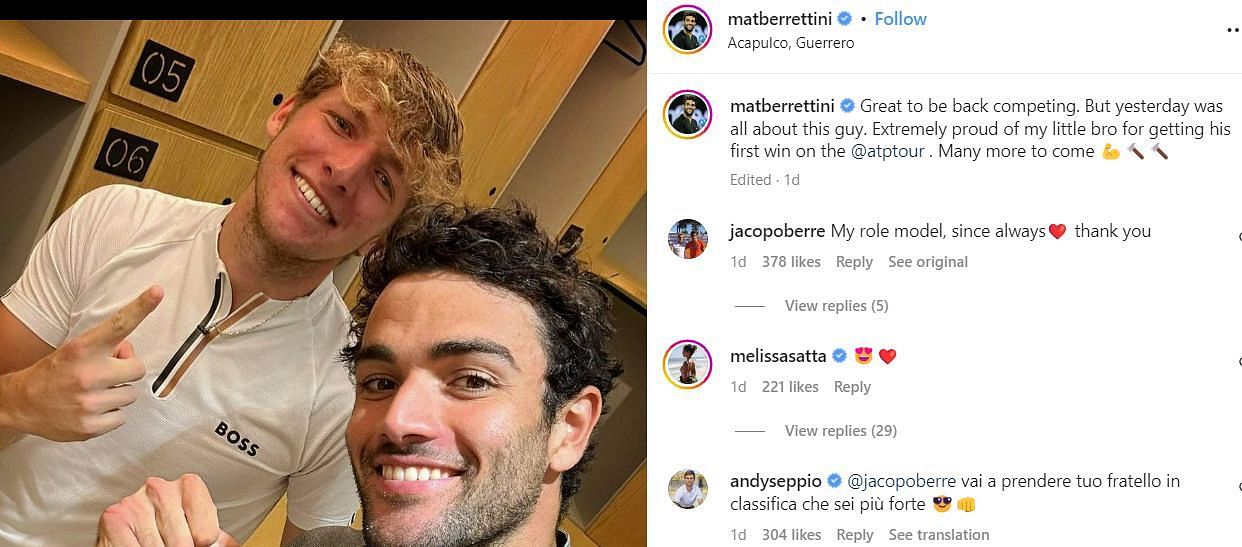 Melissa Satta reacts to Matteo Berrettini&#039;s social media post (Image via Instagram).