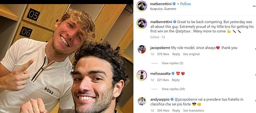 Melissa Satta reacts to Matteo Berrettini's social media post (Image via Instagram).