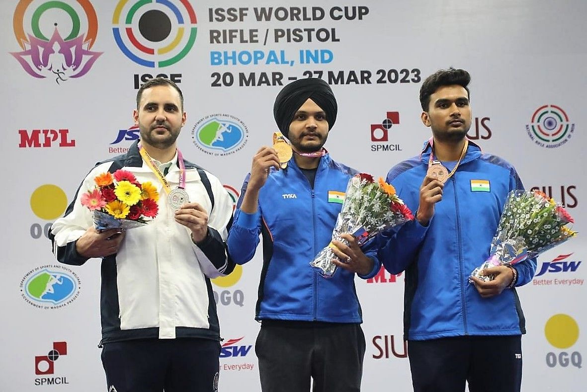India&rsquo;s pistol shooter Sarabjot Singh win gold in the men&rsquo;s 10m air pistol event at ISSF World Cup in Bhopal on Wednesday. Photo credit NRAI