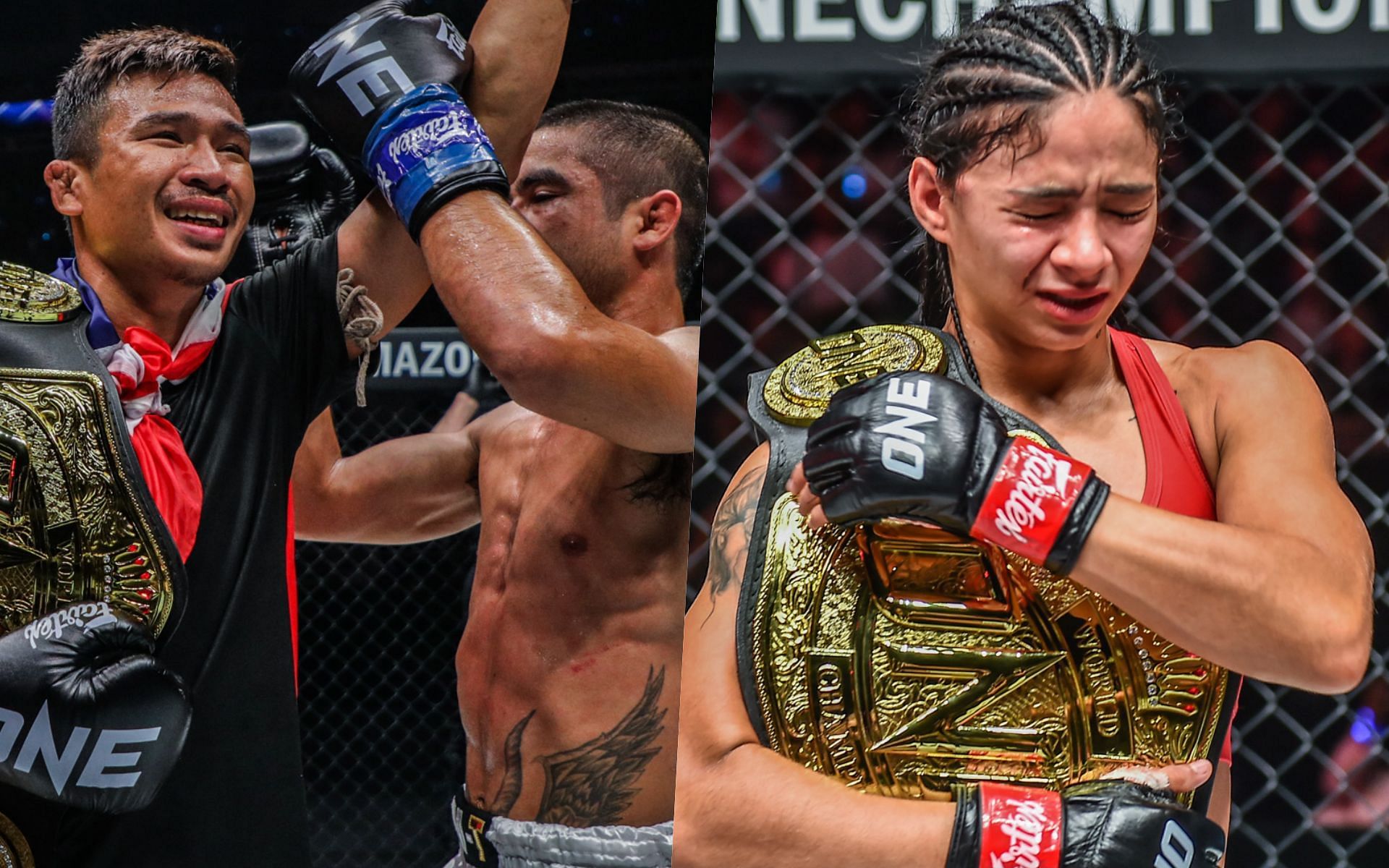 Superlek (L) and Allycia Hellen Rodrigues (R) retained their world titles at ONE Fight Night 8. | Photo by ONE Championship