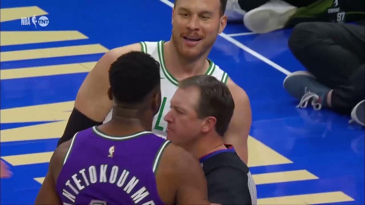 Milwaukee Bucks forward Thanasis Antetokounmpo and Boston Celtics veteran forward Blake Griffin during their altercation on Thursday night