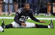 Cornerback Rock Ya-Sin of the Las Vegas Raiders warms up before a game against the Arizona Cardinals.