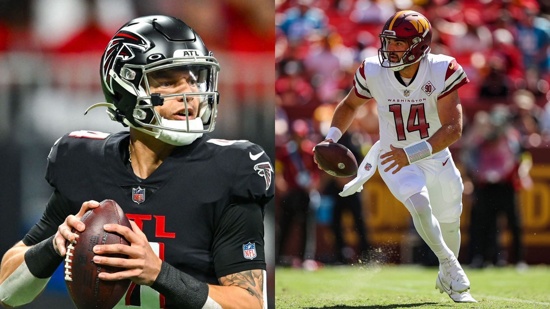 Falcons QB Desmond Ridder (l) and Commanders QB Sam Howell (r)