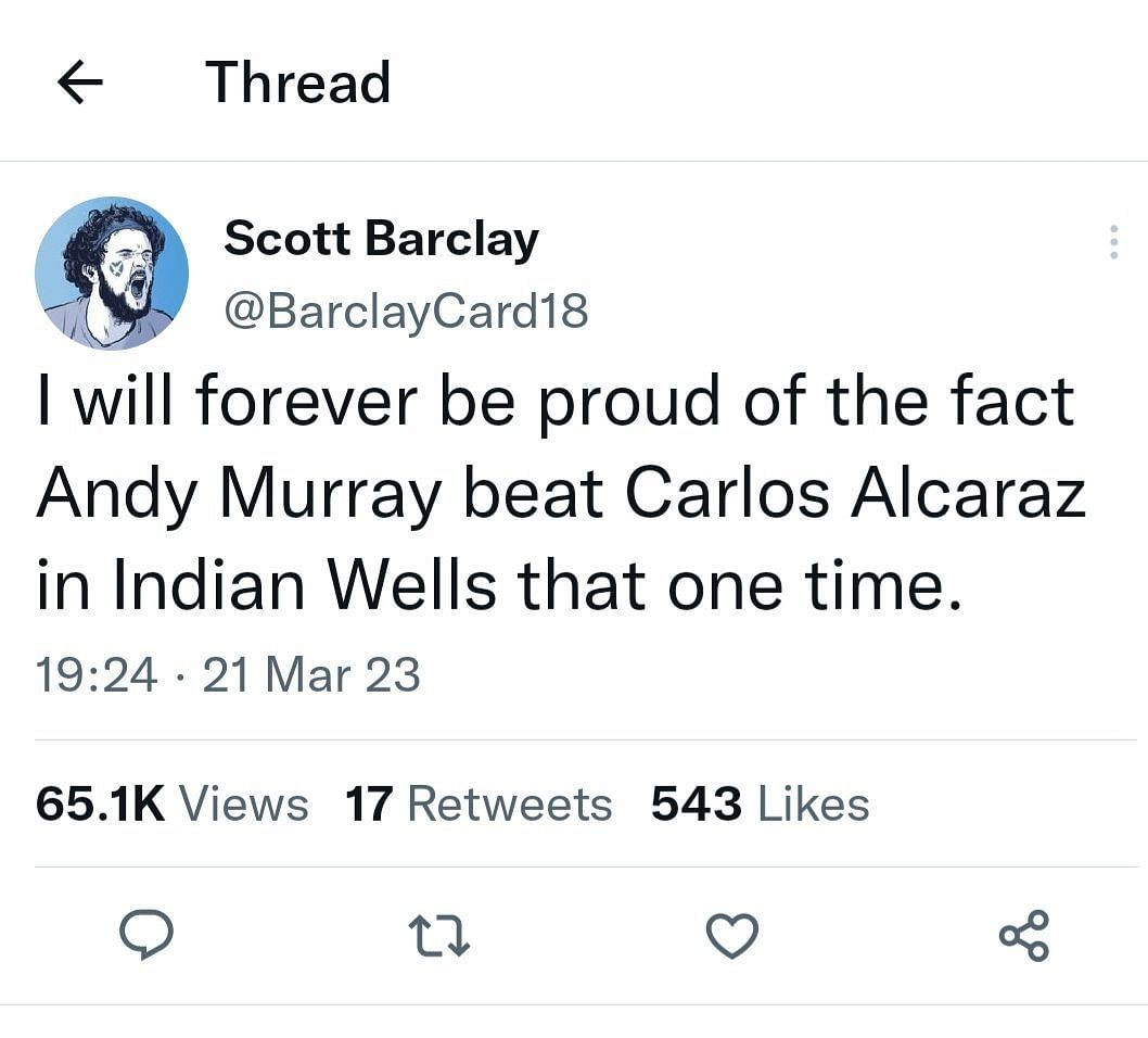 A Twitter user reflects on Murray&#039;s win against Alcaraz.