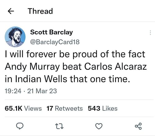 A Twitter user reflects on Murray's win against Alcaraz.