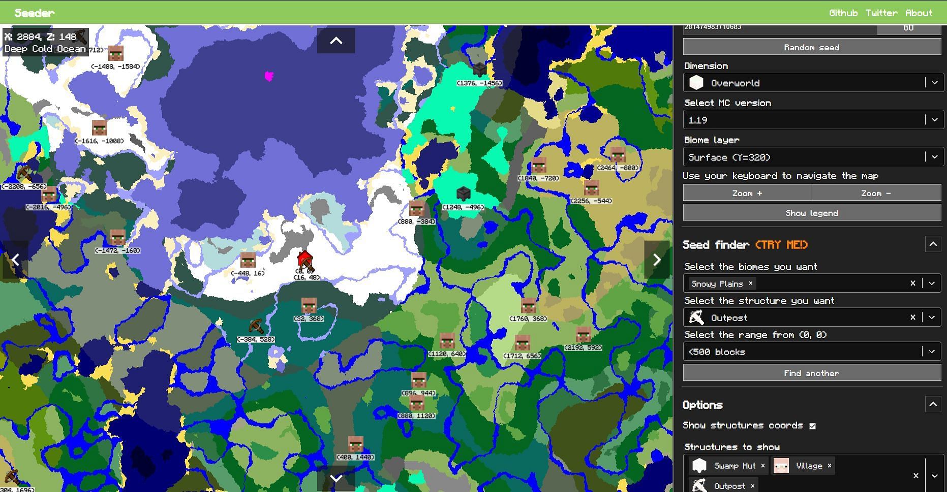 Finding seeds for outposts and snowy plains biome (Image via mcseeder.com)