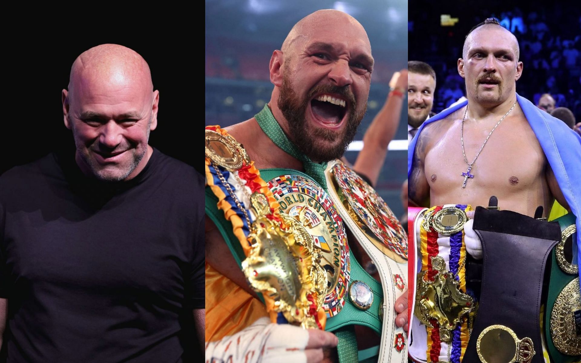 (Left) Dana White, Tyson Fury (Centre) and Oleksandr Usyk (Right) (Image Credits; Getty Images)