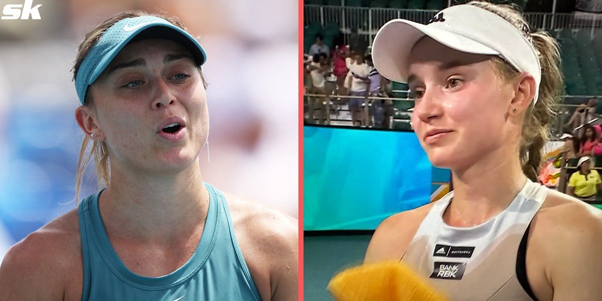 Elena Rybakina overcomes a challenge from Paula Badosa at the 2023 Miami Open.