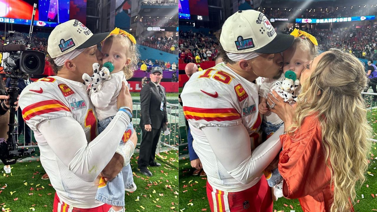 Patrick Mahomes with daughter Sterling on the field after winning Super Bowl 57. Credit: @brittanylynne (IG)