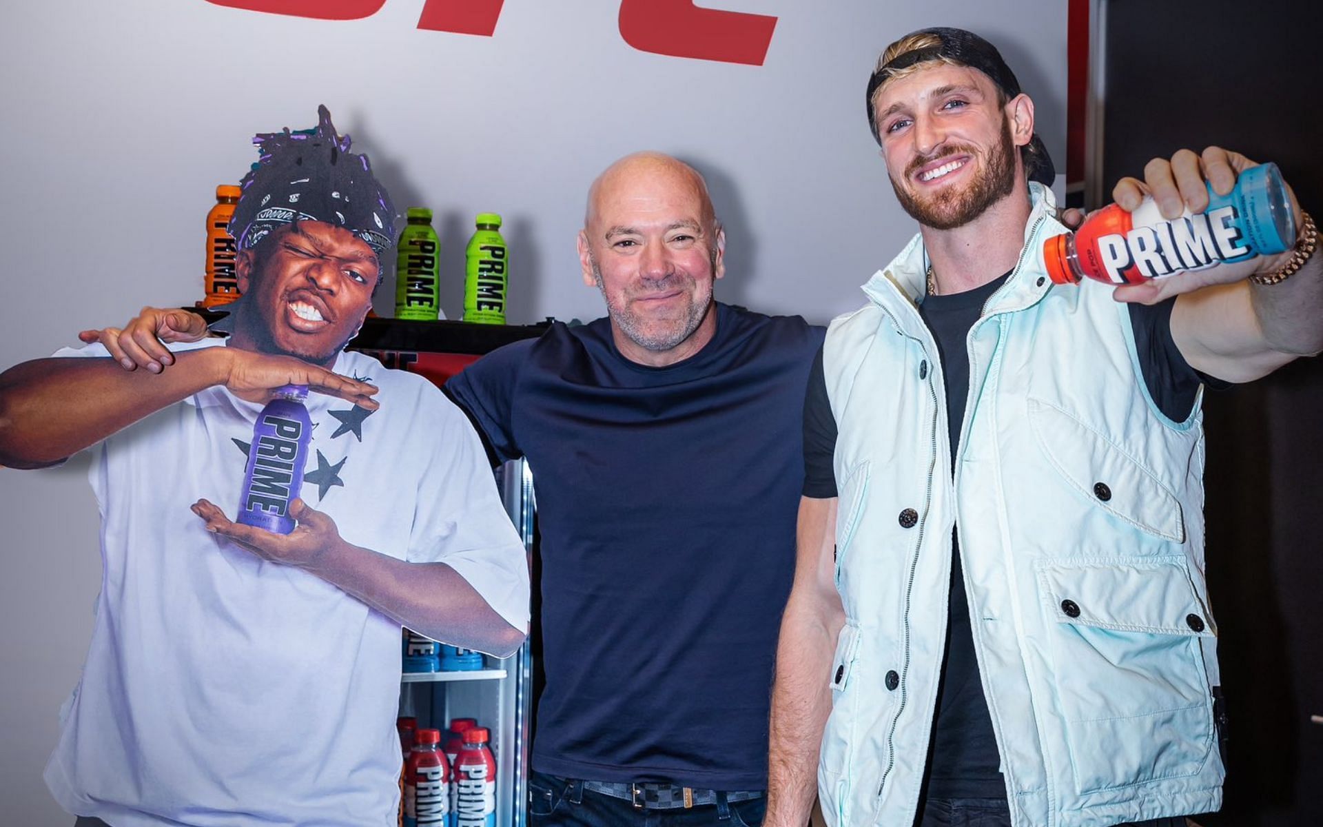 KSI cutout [Left], Dana White [Middle], and Logan Paul [Right] [Photo credit: @PrimeHydrate - Twitter]