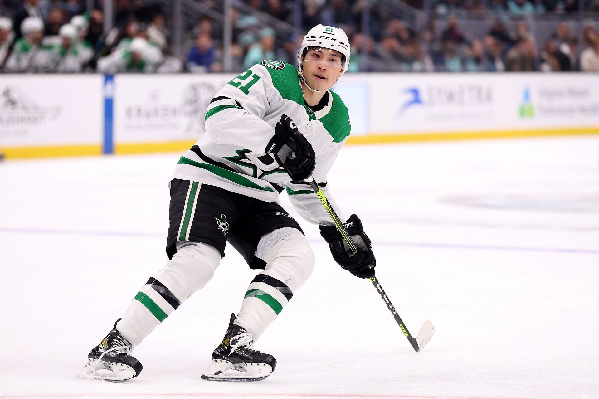 Jason Robertson #21 of the Dallas Stars skates against the Seattle Kraken during the first period at Climate Pledge Arena on March 11, 2023 in Seattle, Washington. (Photo by Steph Chambers/Getty Images)