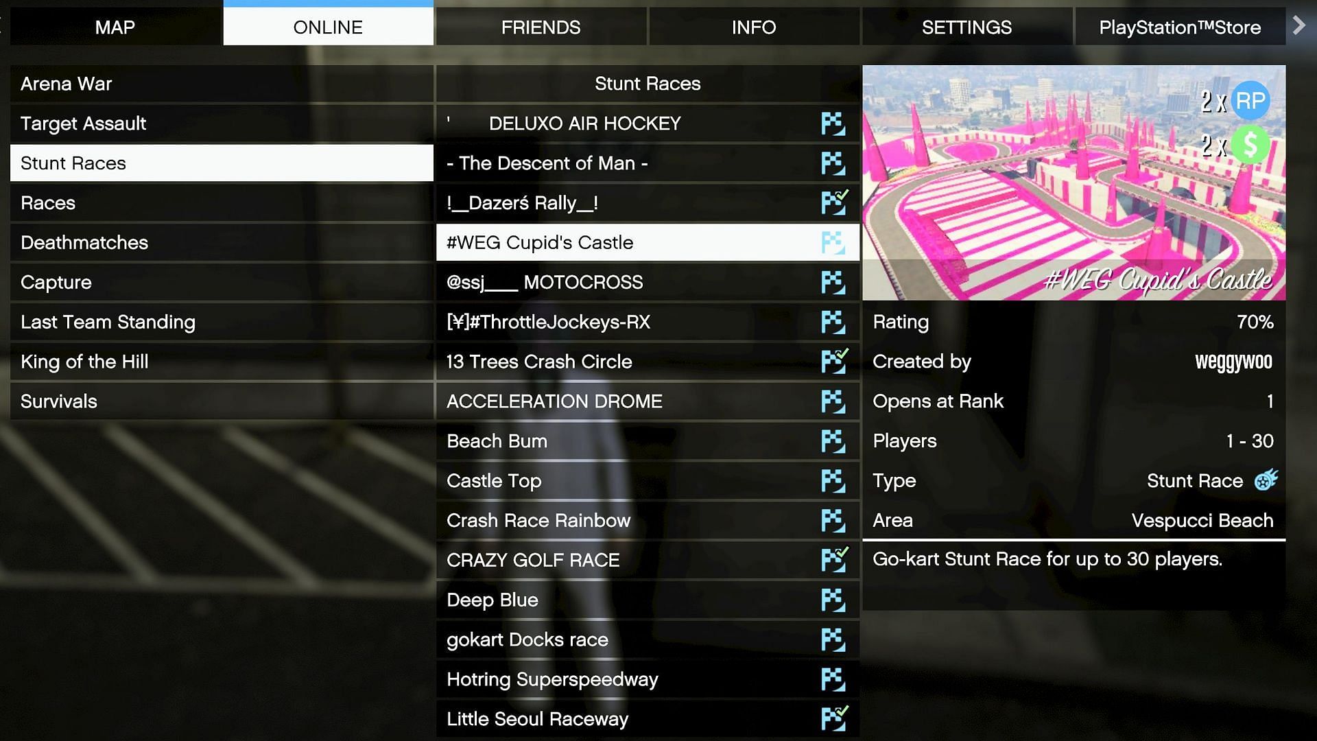 You can even see the 2x cash and RP on the top right corner of the relevant thumbnails (Image via Rockstar Games)