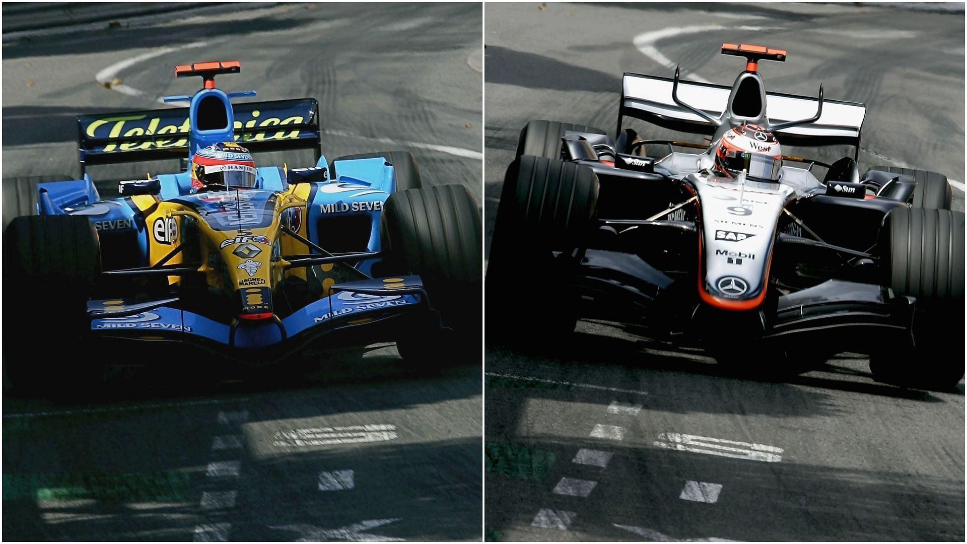 Fernando Alonso (Left) and Kimi Raikkonen (Right) during the 2005 F1 Monaco Grand Prix (Collage via Sportskeeda)