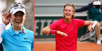 Sebastian Korda compliments his sister and professional golfer Nelly Korda on the funky shoes she wore during the Drive On Championship