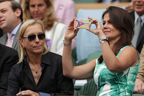 Martina Navratilova and Julia Lemigova at Wimbledon 2016.