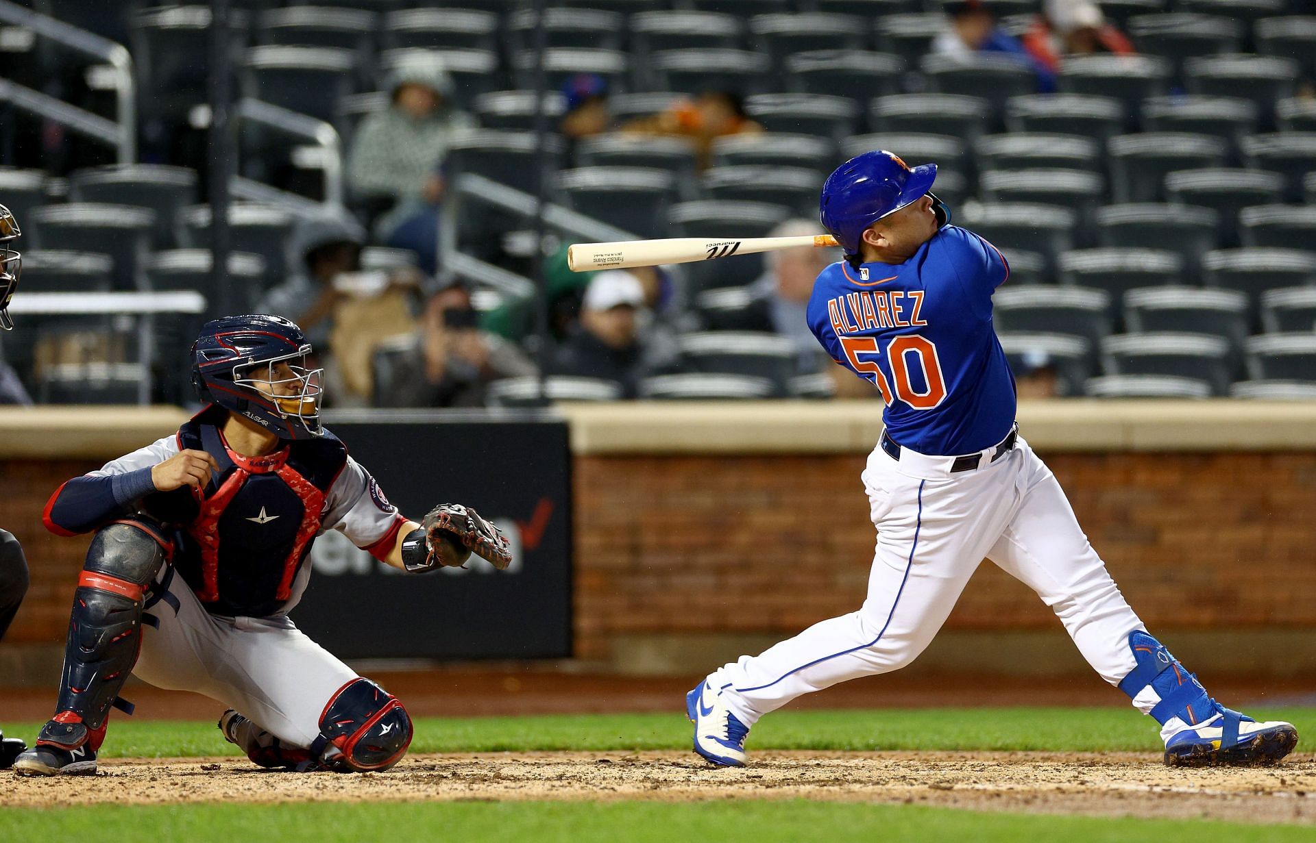 New York Mets' Francisco Alvarez (50) talks with second baseman