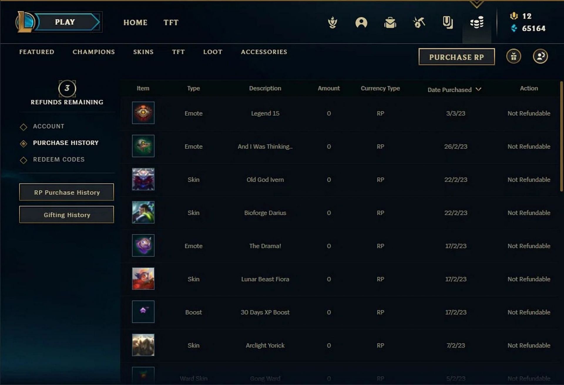 League&#039;s Purchase History screen (Image via AFK Gaming)