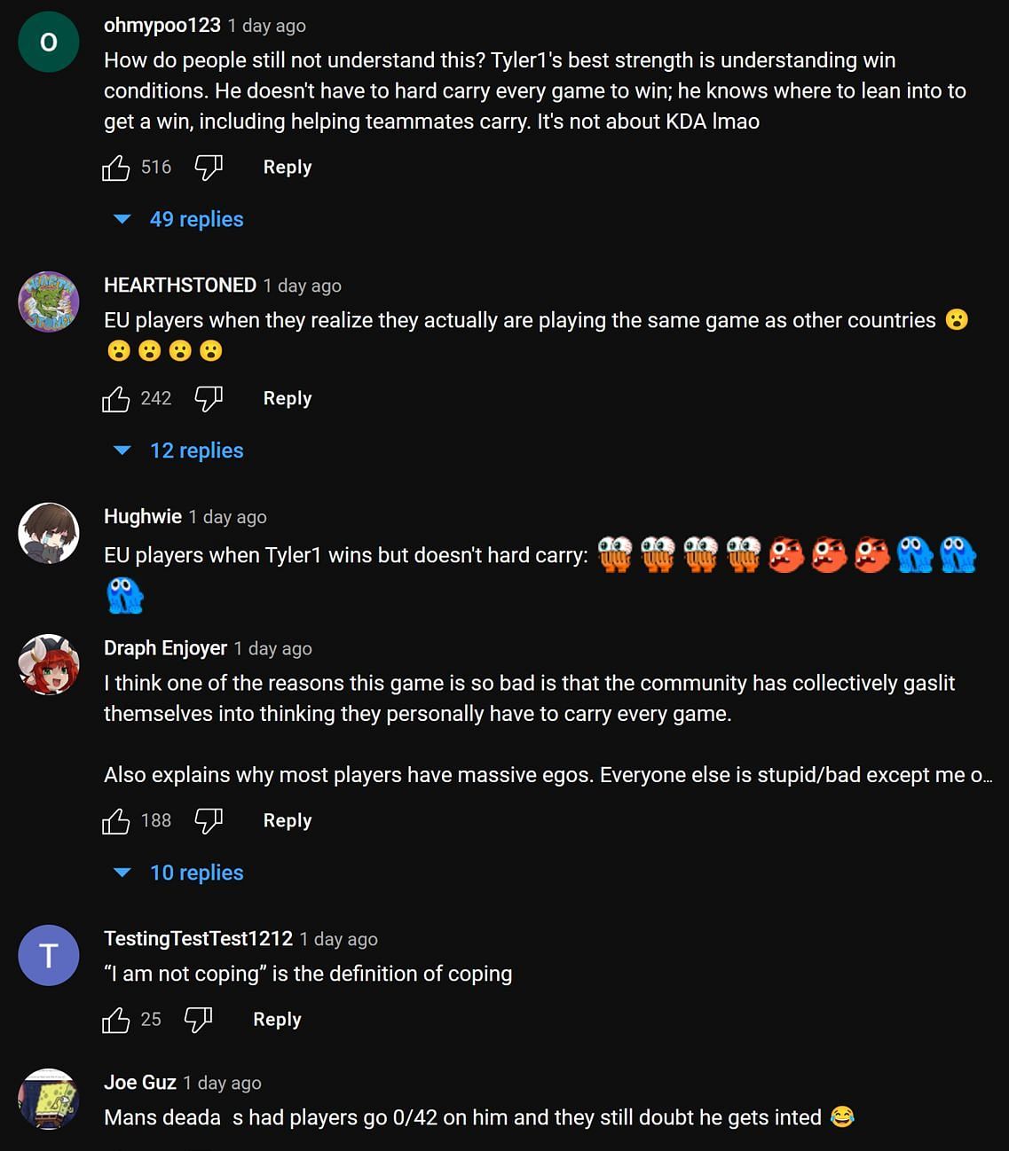 Fans in the YouTube comments section reacting to the streamer&#039;s clip (Image via Daily Tyler1 Clips/YouTube)