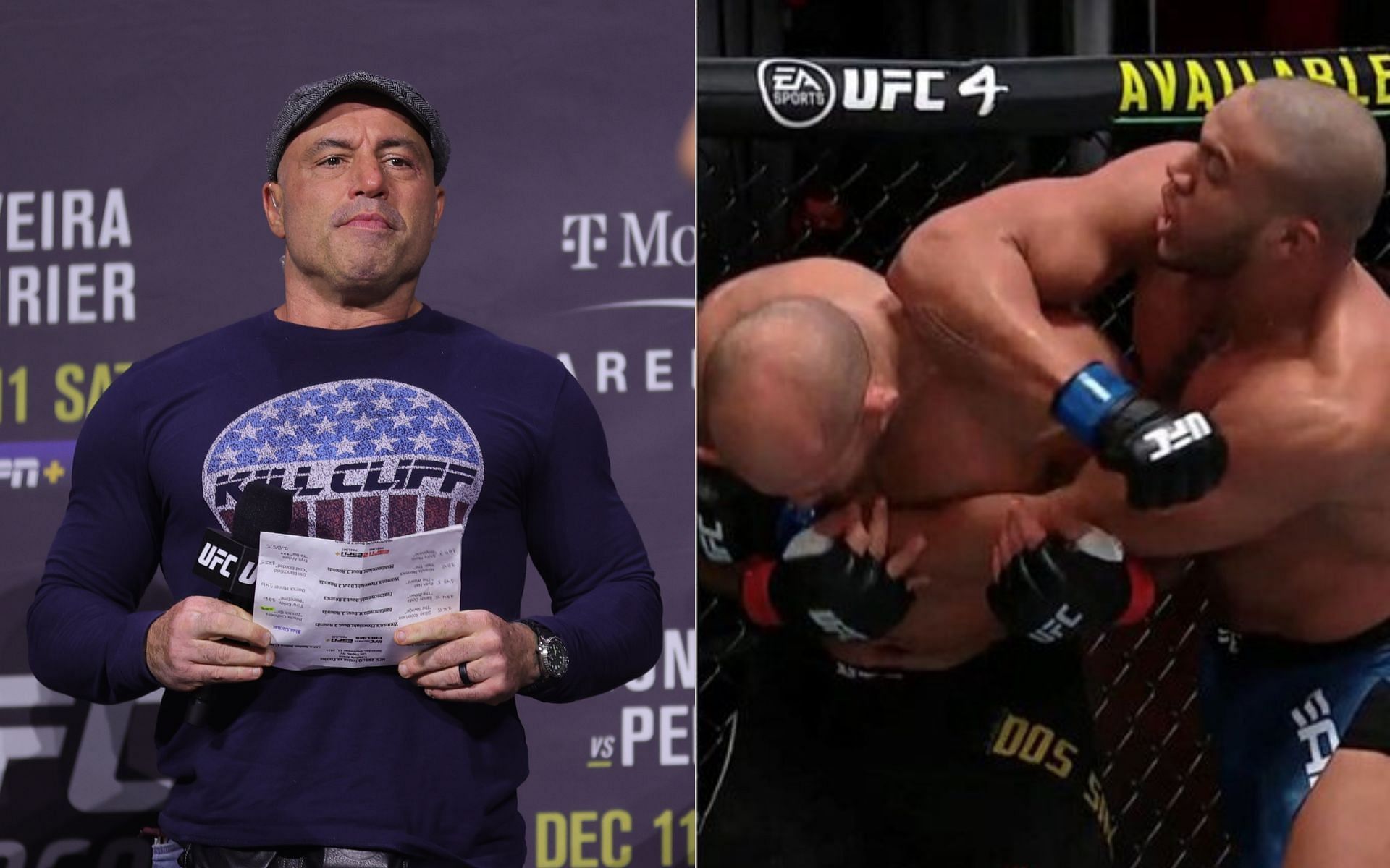 Joe Rogan (left) and Ciryl Gane elbowing Junior dos Santos (right) (Image credits Getty Images and @ULTFightfans on Twitter)