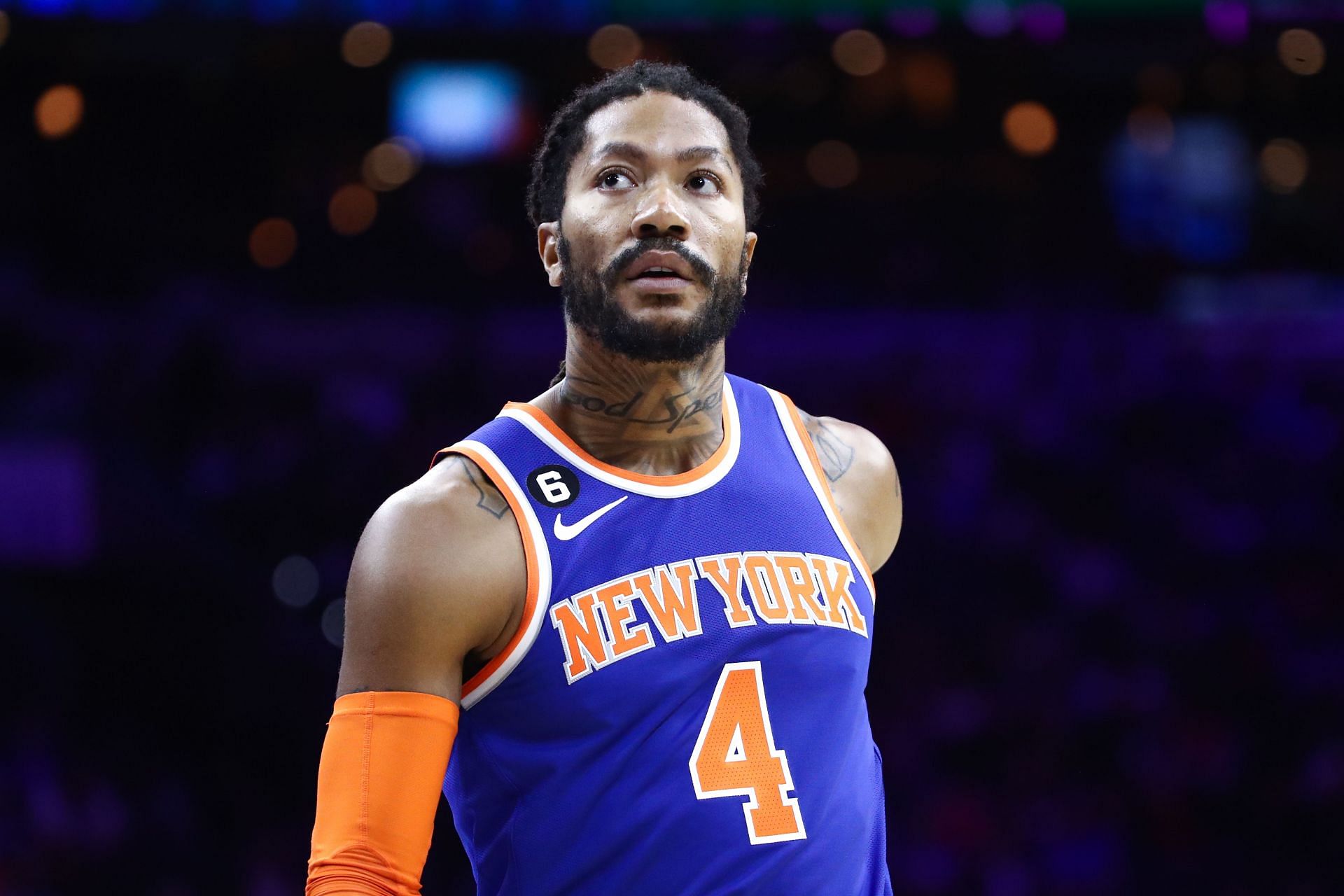 Derrick Rose #4 of the New York Knicks looks on during the first quarter against the Philadelphia 76ers