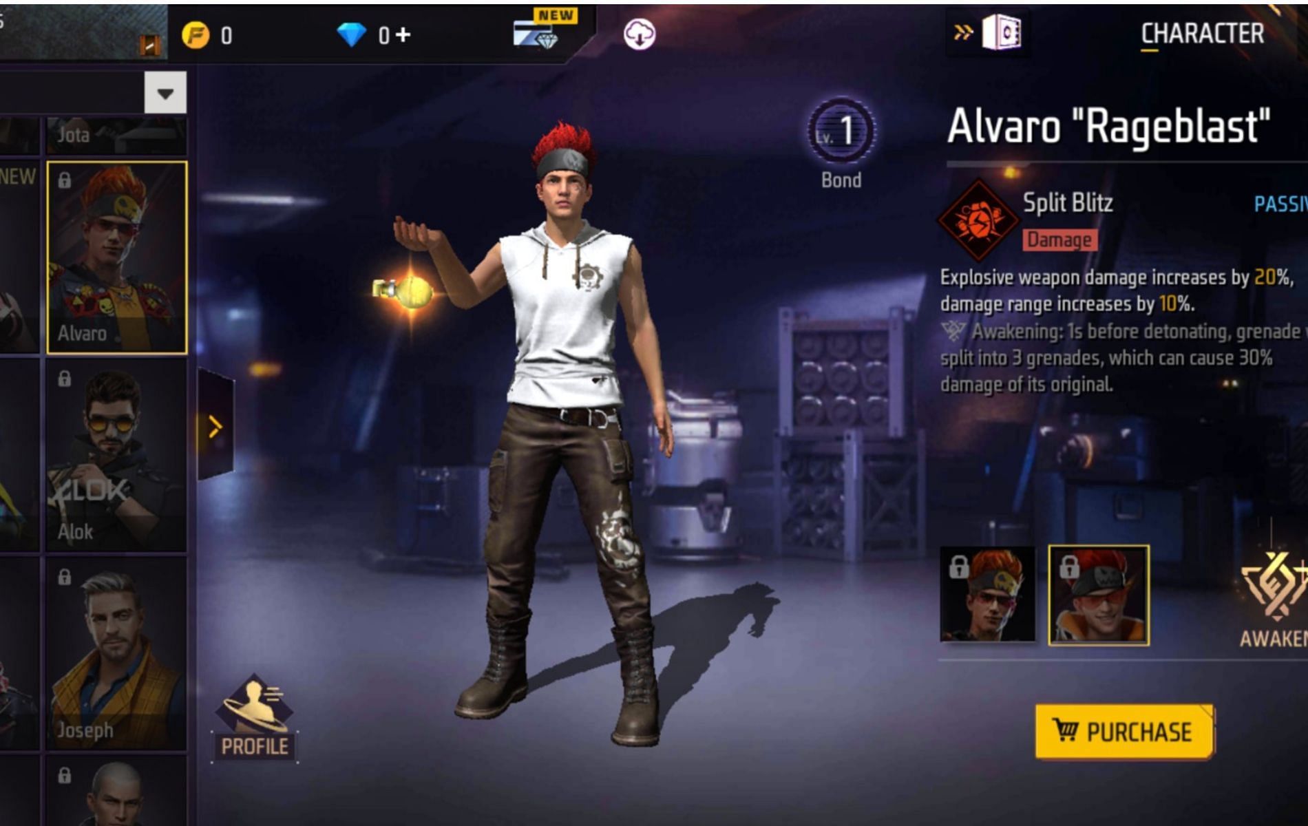 Alvaro&rsquo;s awakened form as seen on the Advance Server before Free Fire OB39 update. (Image via Garena)