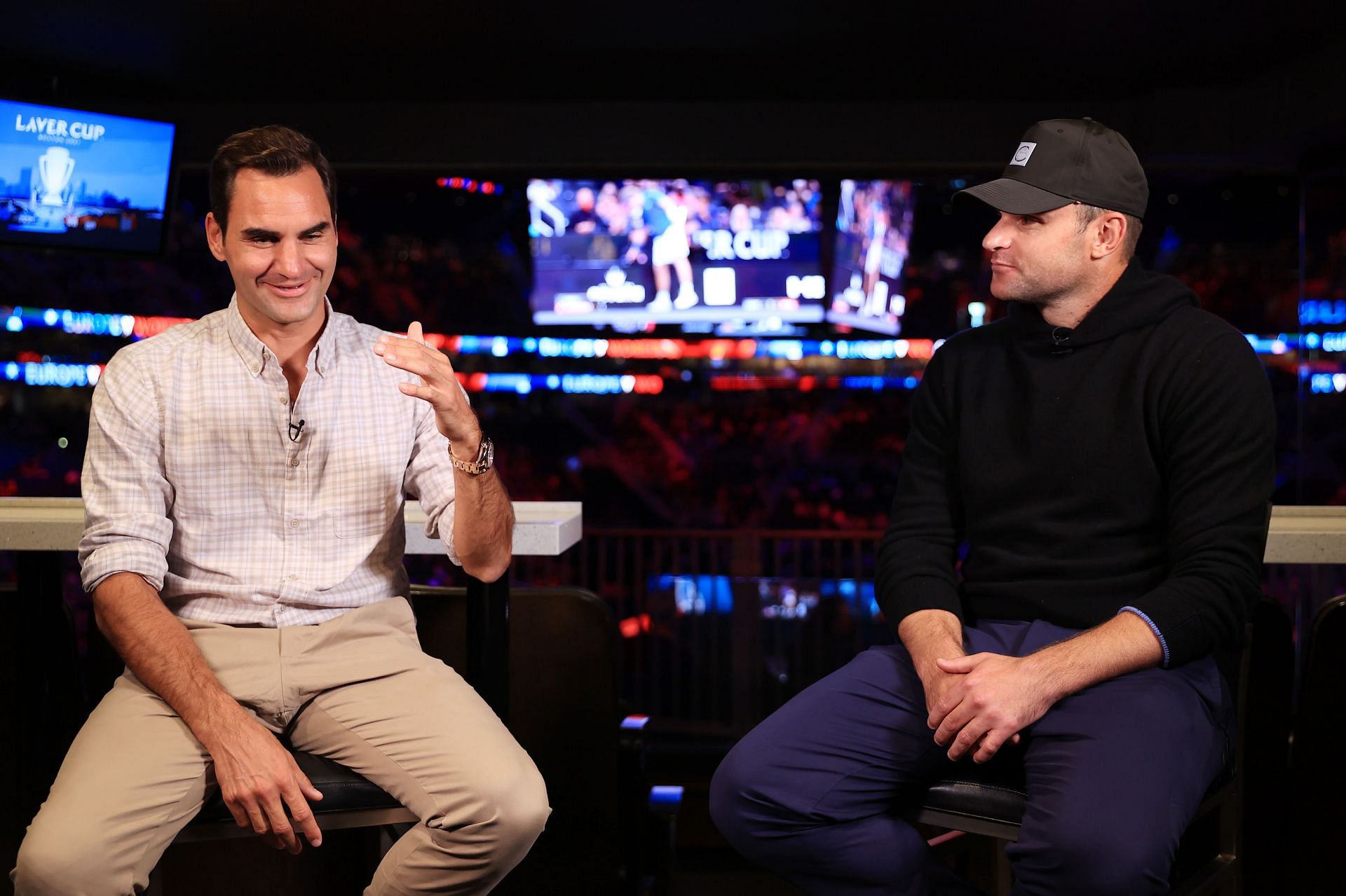 Andy Roddick and Roger Federer at the 2021 Laver Cup.
