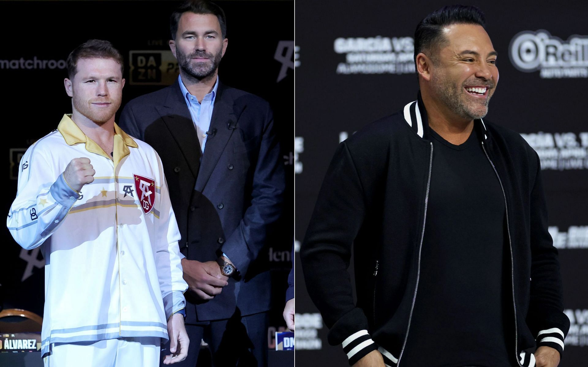 Eddie Hearn and Canelo Alvarez (L), and Oscar De La Hoya (R).