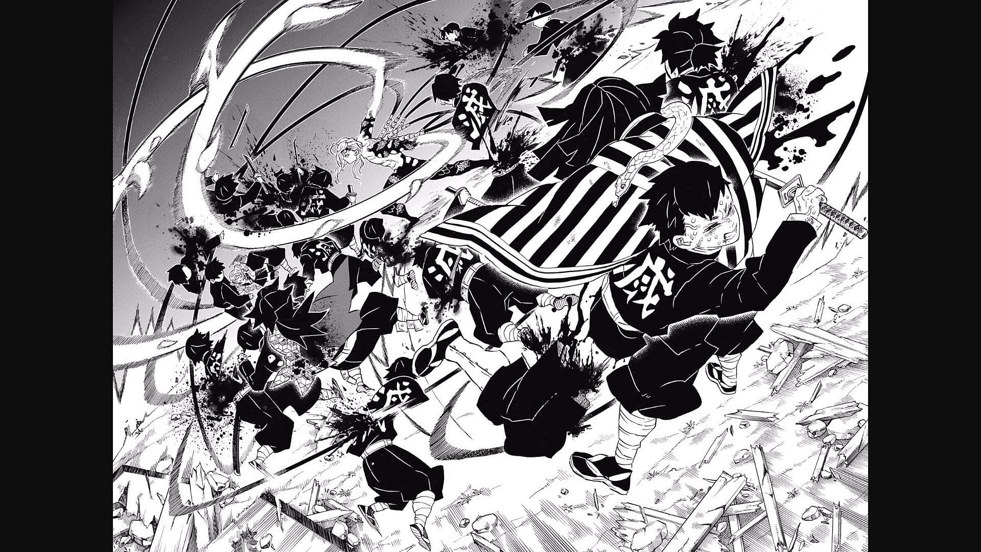 Demon hunters take on Muzan in his final form (Image via Koyoharu Gotouge/Shueisha)