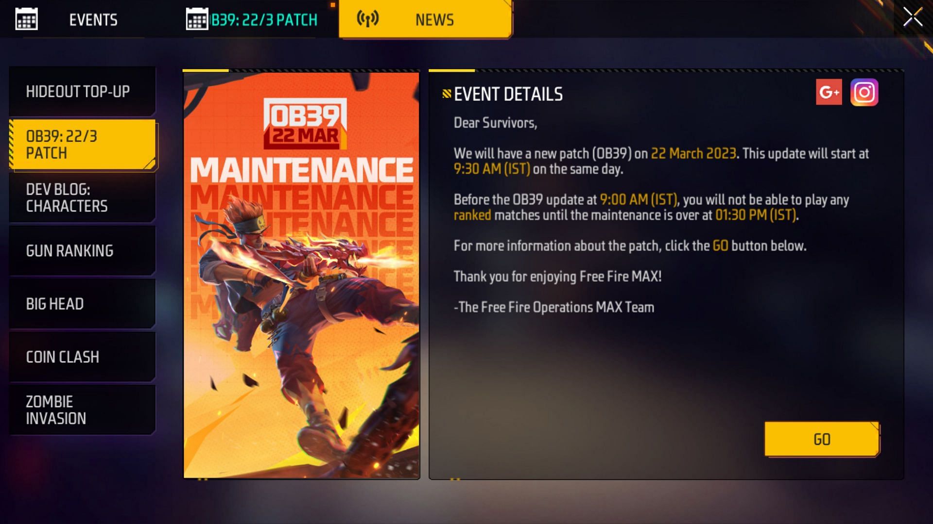 Timing of the OB39 update&#039;s maintenance (Image via Garena)