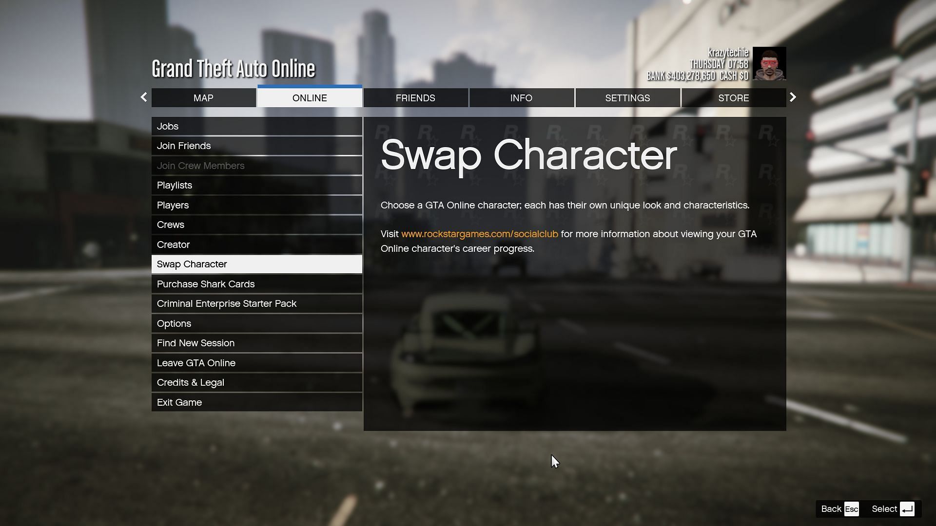 &quot;Swap Character option&quot; visible in the Interactive Menu (Image via krazytechie/GTA Online)