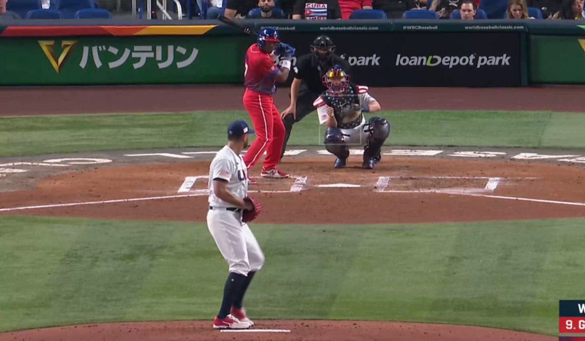 Miami, United States. 19th Mar, 2023. United State's starting pitcher Adam  Wainwright (50) prepares to pitch in the first inning against Cuba at the  2023 World Baseball Classic semifinal game in Miami