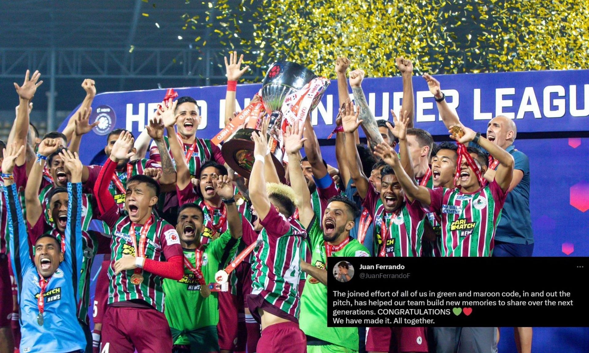 ATK Mohun Bagan players celebrating with their ISL 2022-23 trophy.