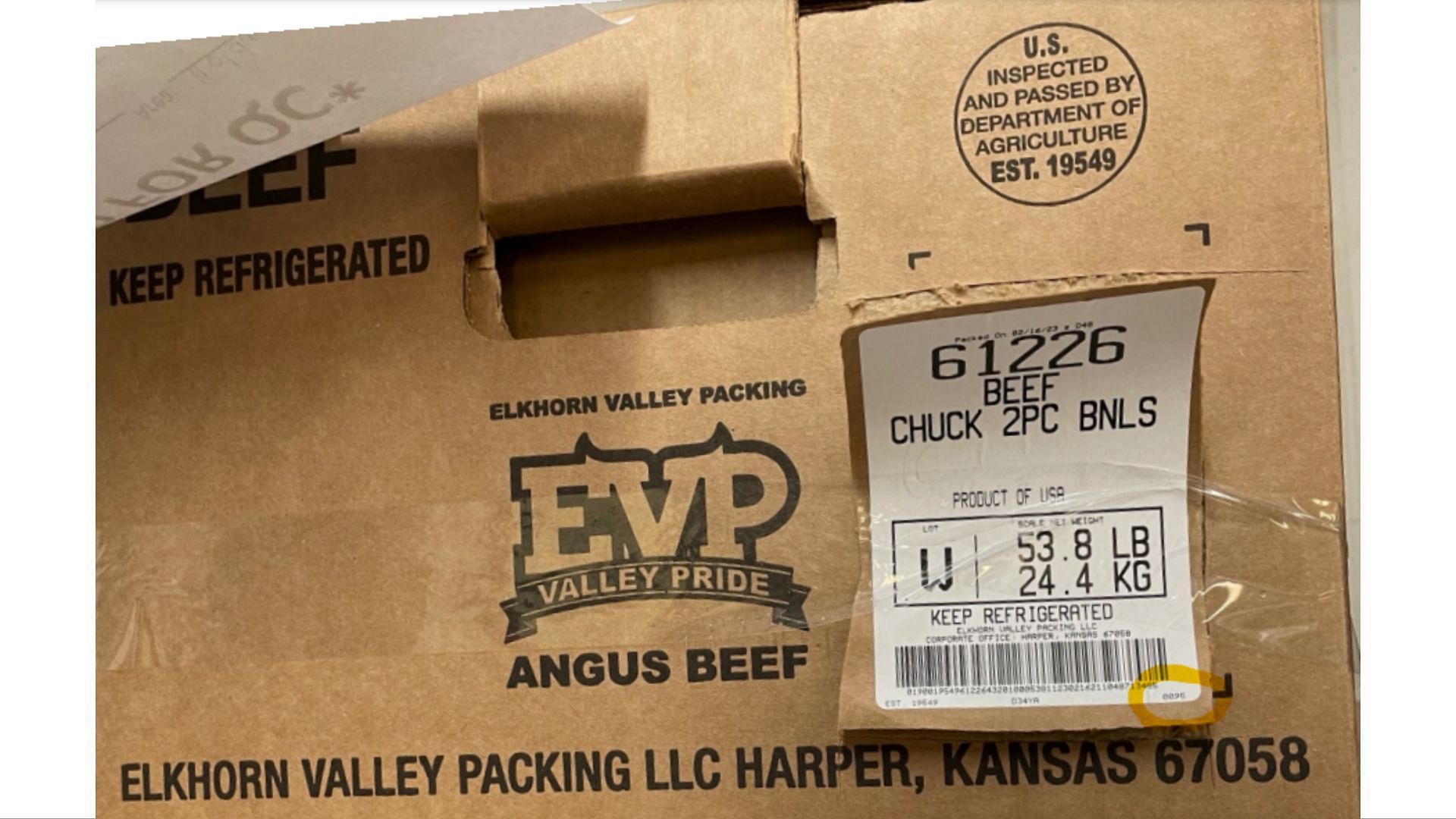 The recalled Elkhorn Valley Packing Boneless Beef Chuck products were distributed to major hotels, restaurants, and institutions across the country (Image via FSIS/Elkhorn Valley Packing)