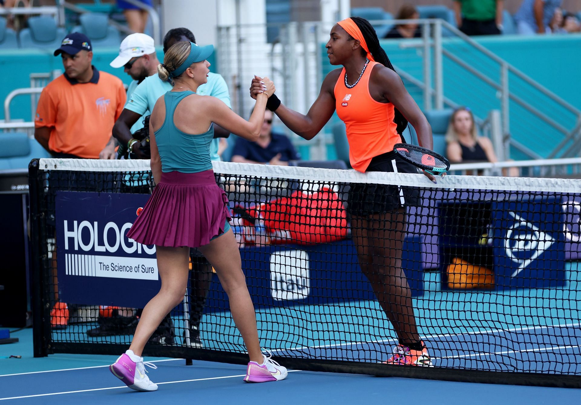 Anastasia Potapova defeats Coco Gauff in the third round of the 2023 Miami Open.