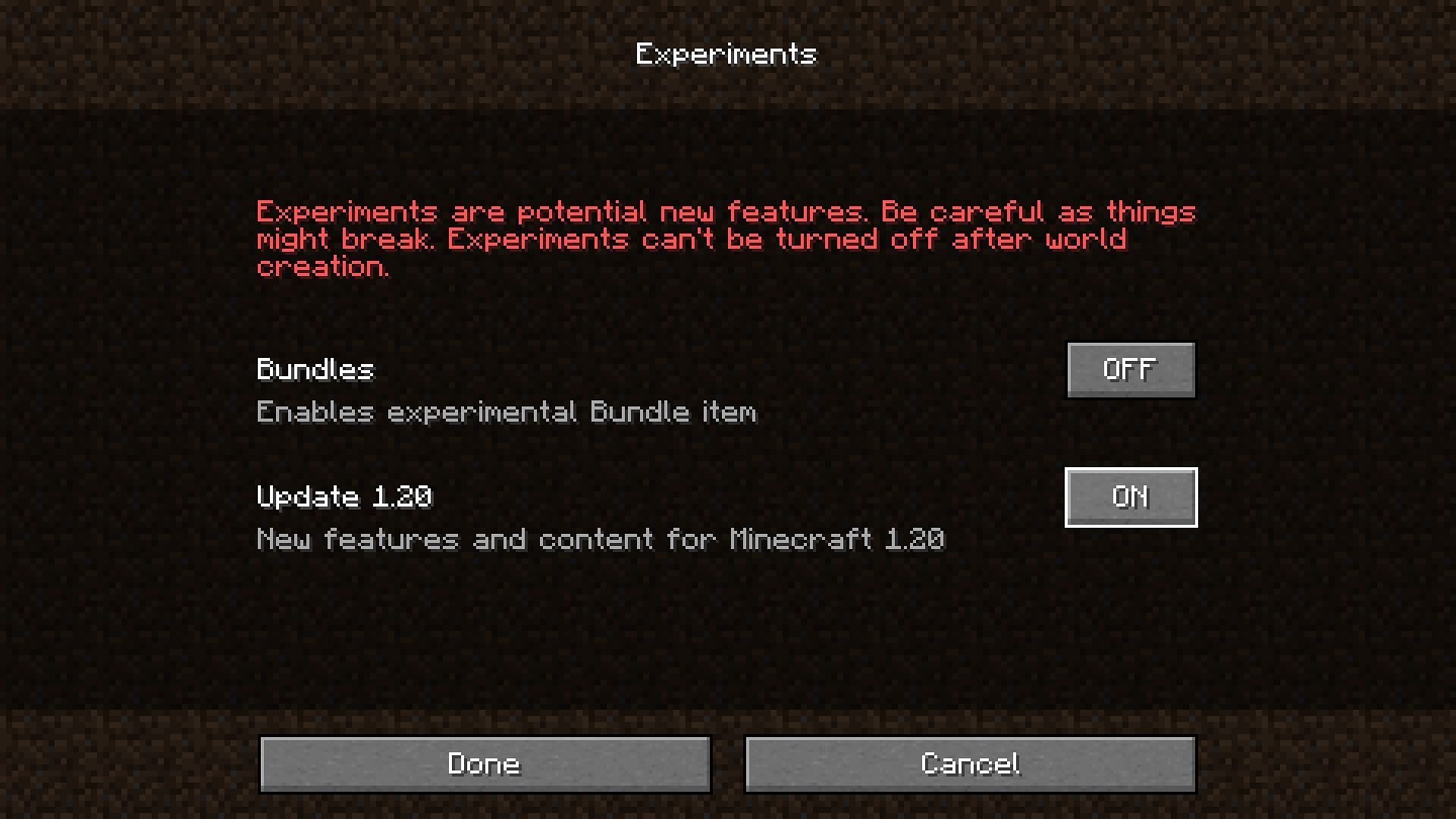 Experimental features available in Minecraft 1.19.4 (Image via Mojang)