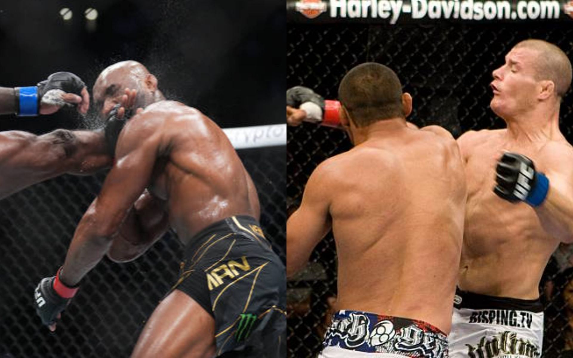 Kamaru Usman vs. Leon Edwards at UFC 278 (left) and Michael Bisping vs. Dan Henderson at UFC 100 (right)