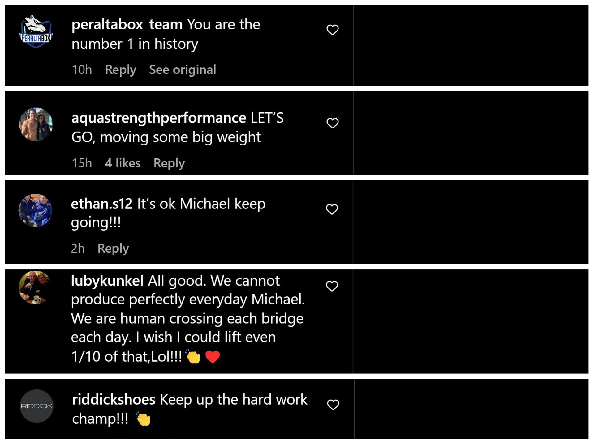 Fans rally in the comments section to encourage Phelps on an Instagram post where Phelps fails to perform a one rep maximum: Image via Instagram (@m_phelps00)