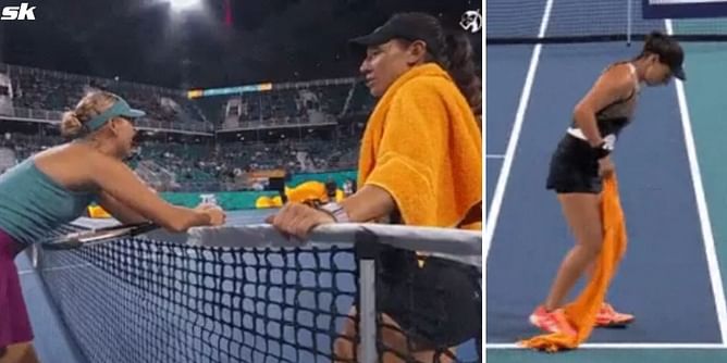 Watch: Jessica Pegula passes her time during Miami Open rain delay conversing with opponent Anastasia Potapova, helps ball kids in cleaning up court