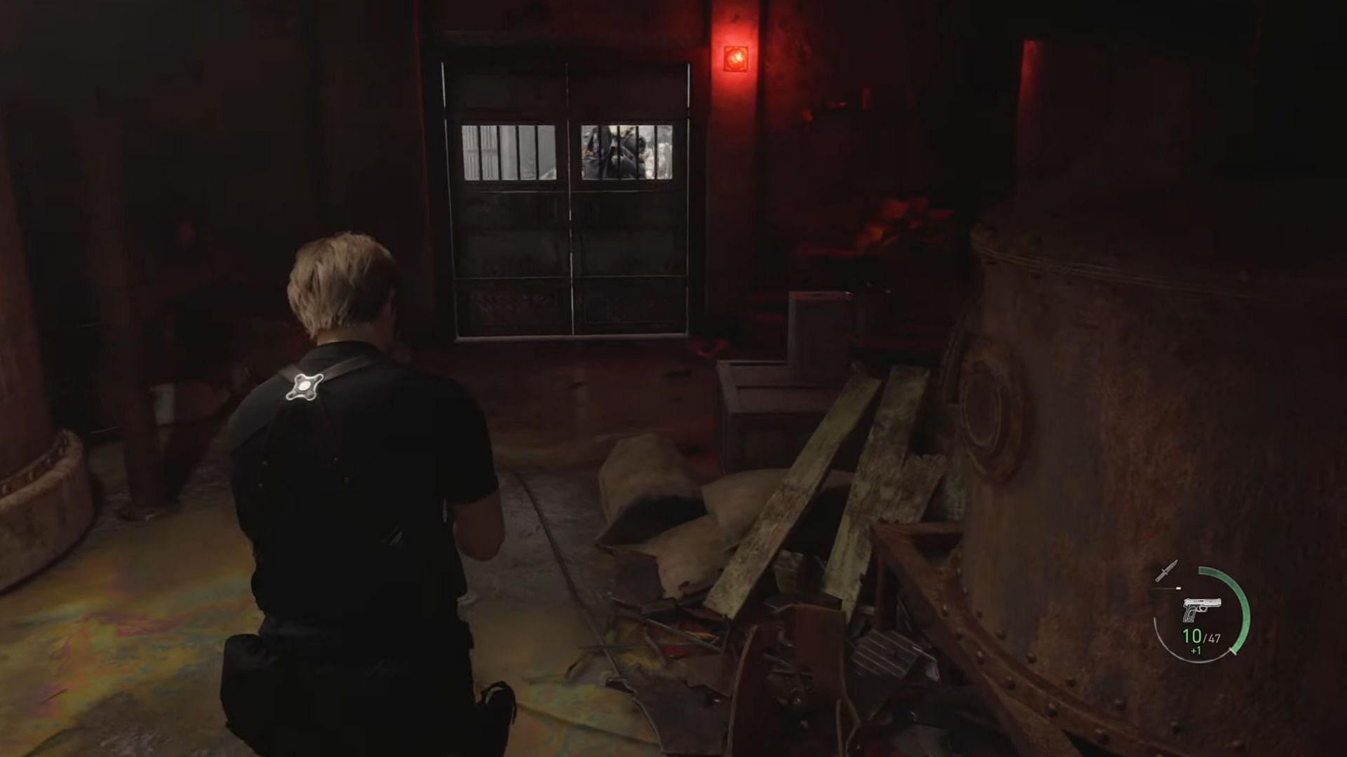 Exit the area through the metal doors to follow the Merchant (Image via Capcom)