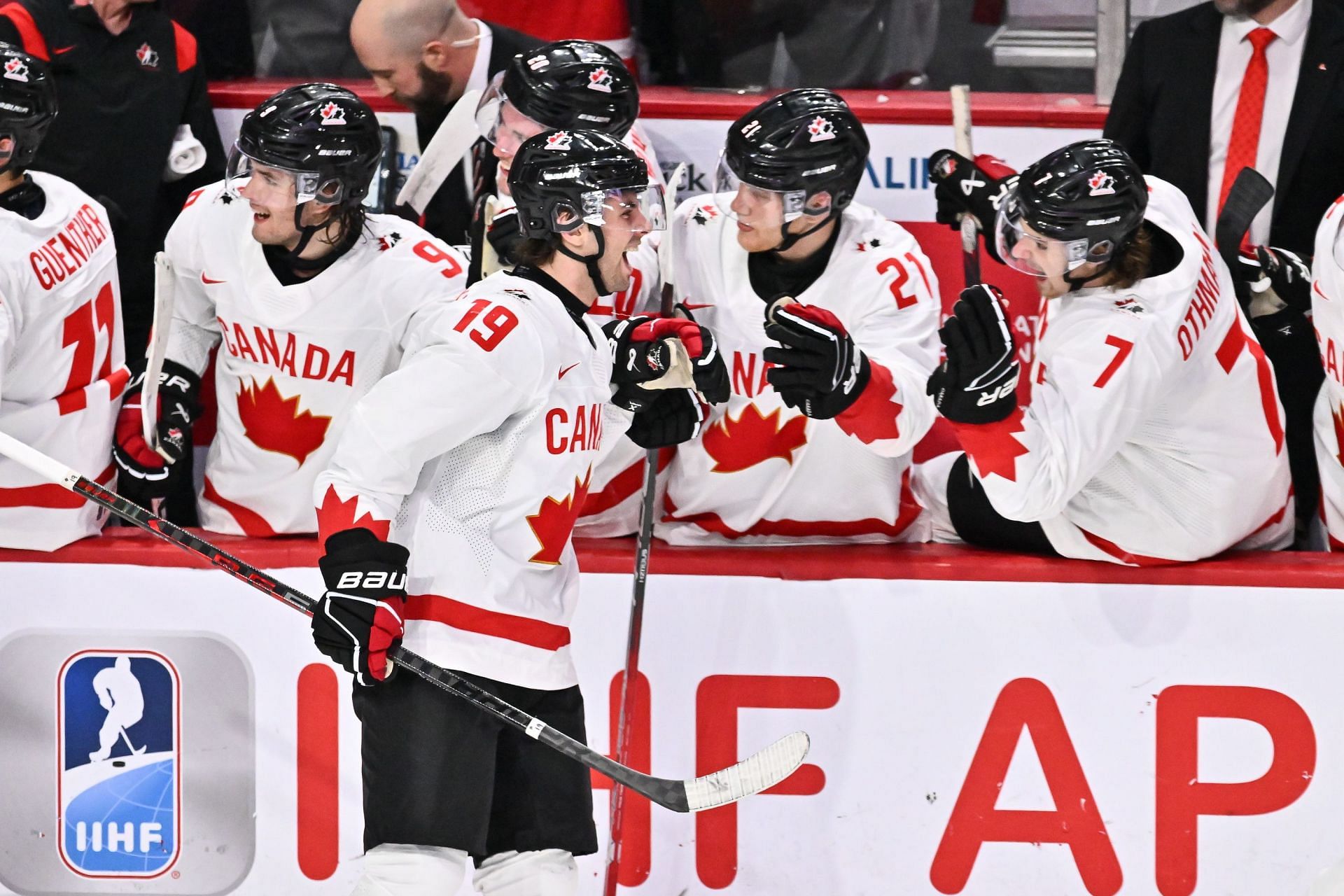 Adam Fantilli #19 of Team Canada celebrates his goal with teammates on the bench during the second period against Team United States in the semifinal round of the 2023 IIHF World Junior Championship at Scotiabank Centre on January 4, 2023, in Halifax, Nova Scotia, Canada. (Photo by Minas Panagiotakis/Getty Images)