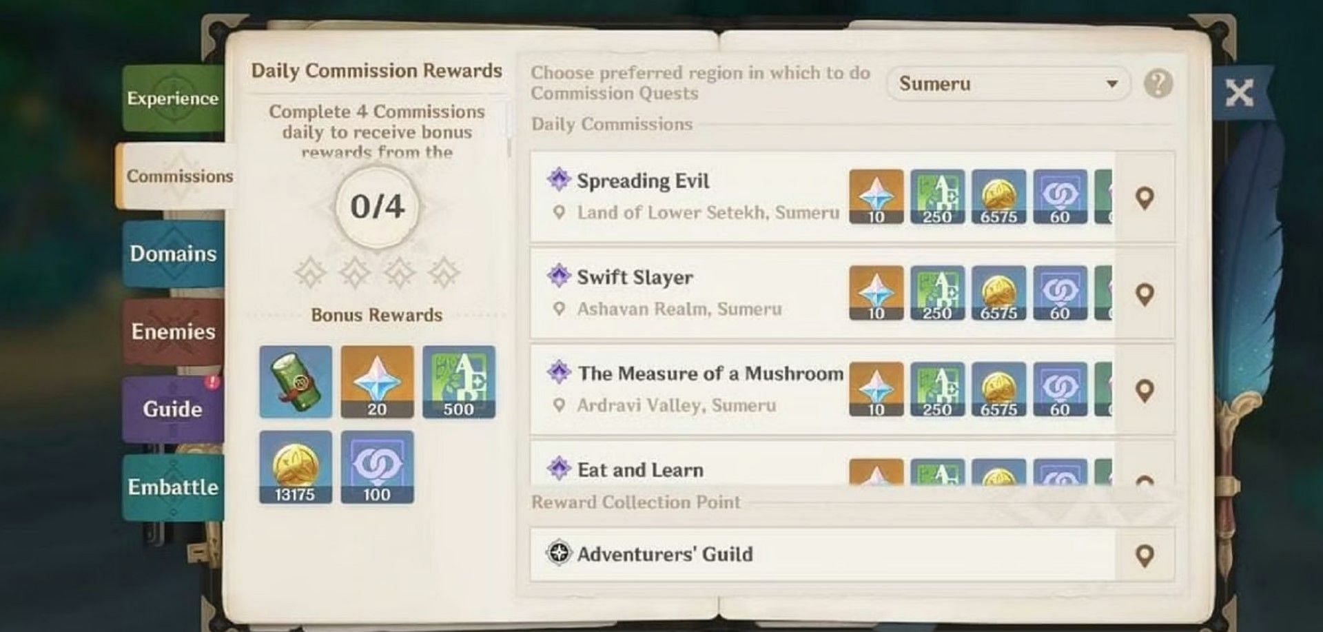 Daily Commissions tab in the Adventurer&#039;s Handbook (Image via Genshin Impact)