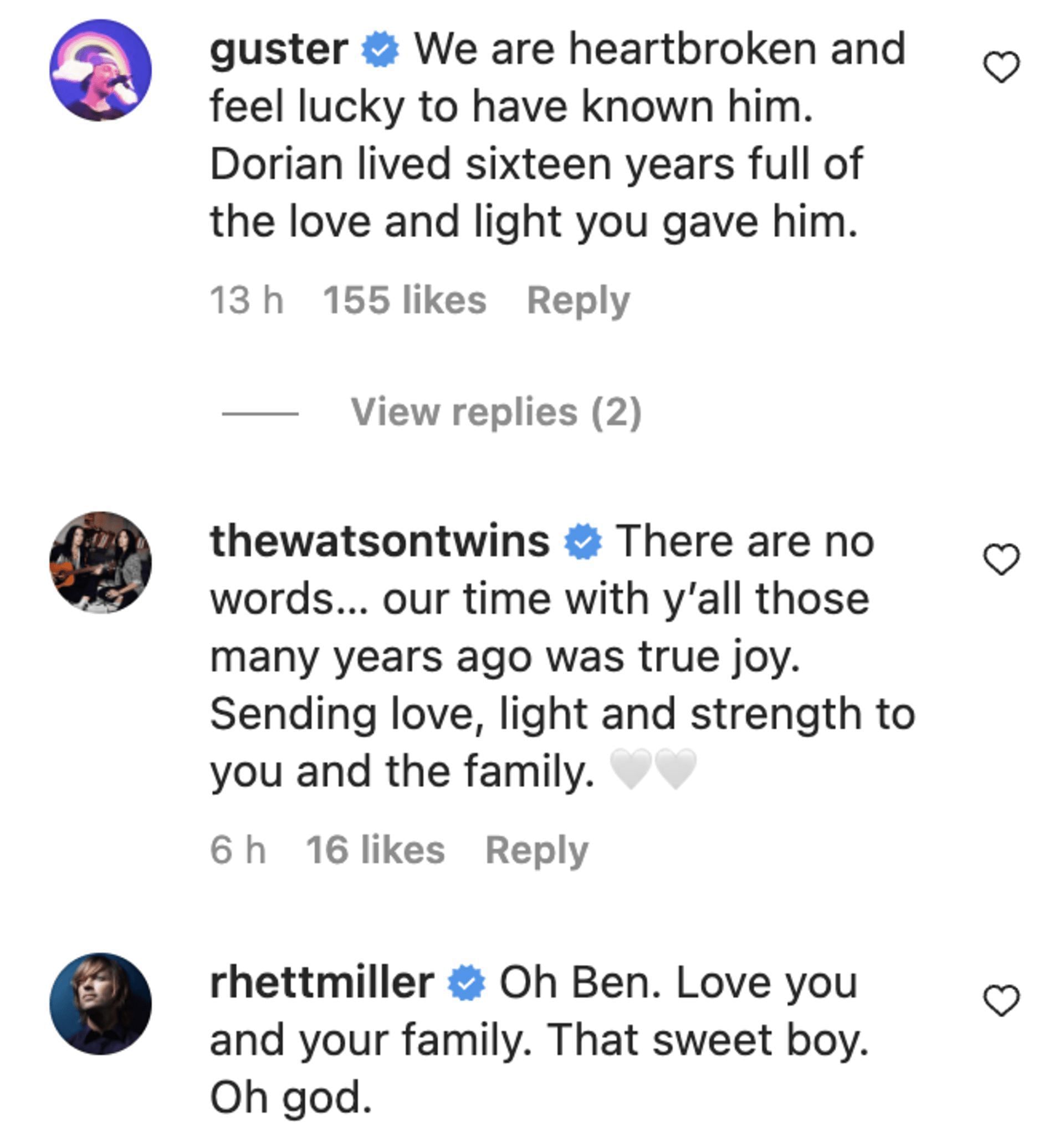After Ben announced the passing away of his 16-year-old child, many social media users and celebrities commented on the post to share their condolences. (Image via Instagram)