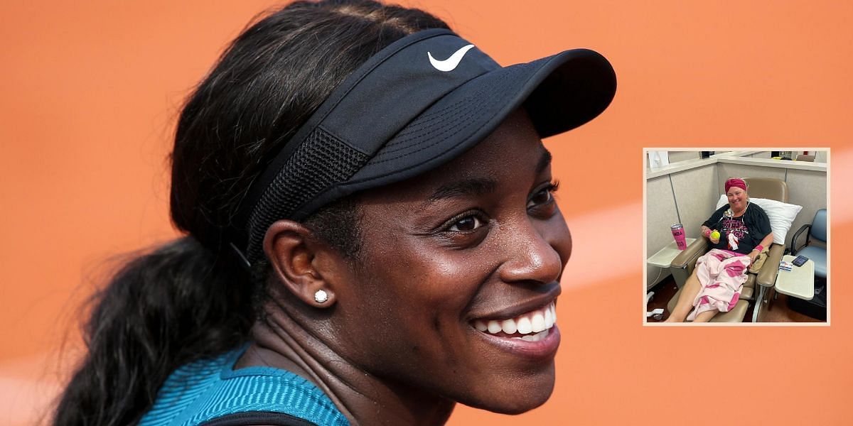 The cancer stricken fan with the autographed ball (inset) and Sloane Stephens