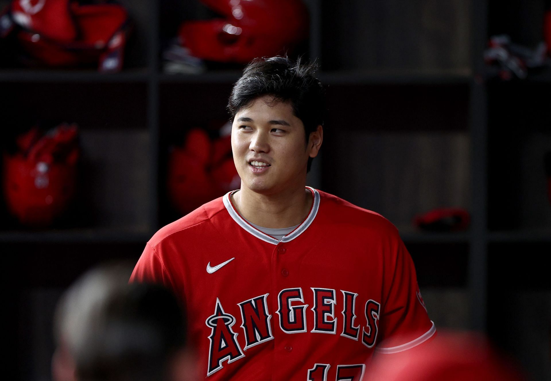 Shohei Ohtani of the Los Angeles Angels celebrates after scoring on a two-run home run.