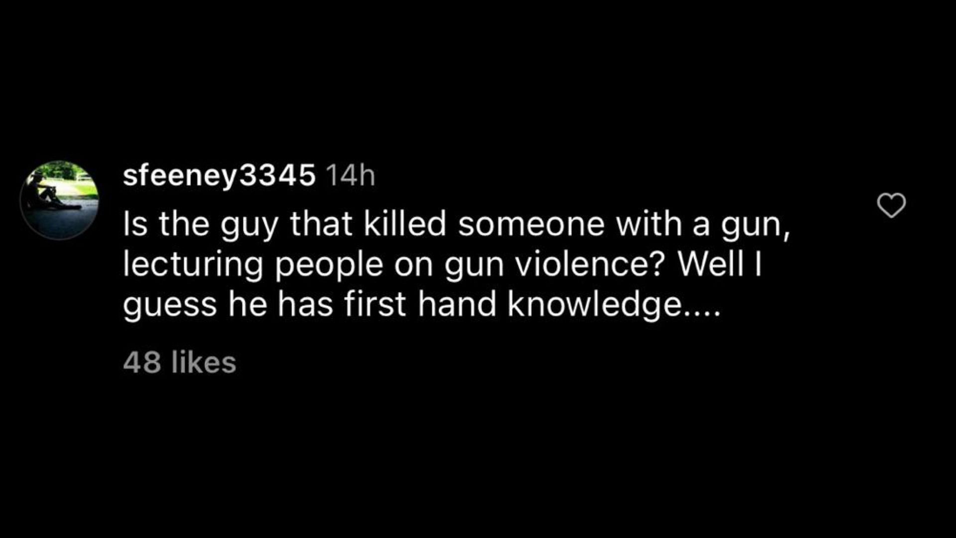 Screenshot of an internet user comment on Baldwin&#039;s Instagram post on gun control laws in America. (Image via Instagram)