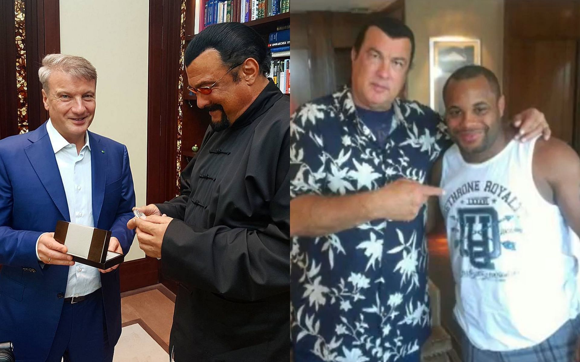Steven Seagal and Herman Gref (left) Steven Seagal and Daniel Cormier (right) [Image courtesy @seagalofficial on Instagram @thehornpodcast on Twitter